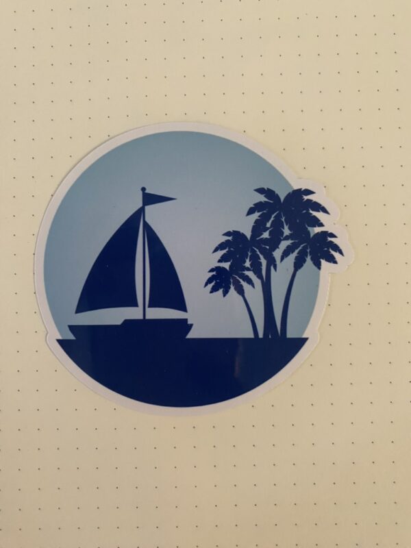 Silhoutte of Sailboat and several palm trees against light blue background.