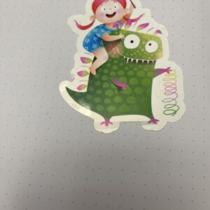 Pink haired girl riding piggy back on a green, polka-dotted monster's back.